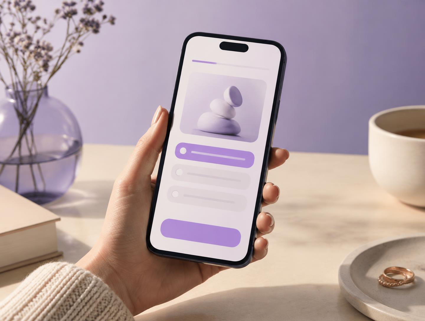 A hand holding a phone with a simple assessment screen