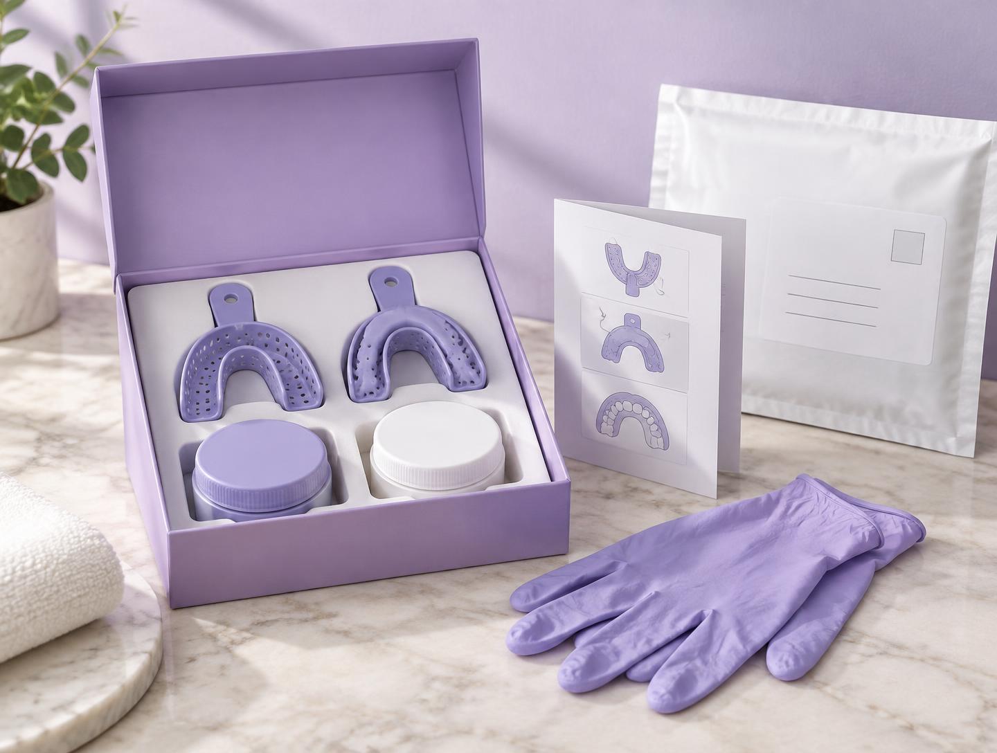An open impression kit with trays, putty, gloves, instructions and a return mailer