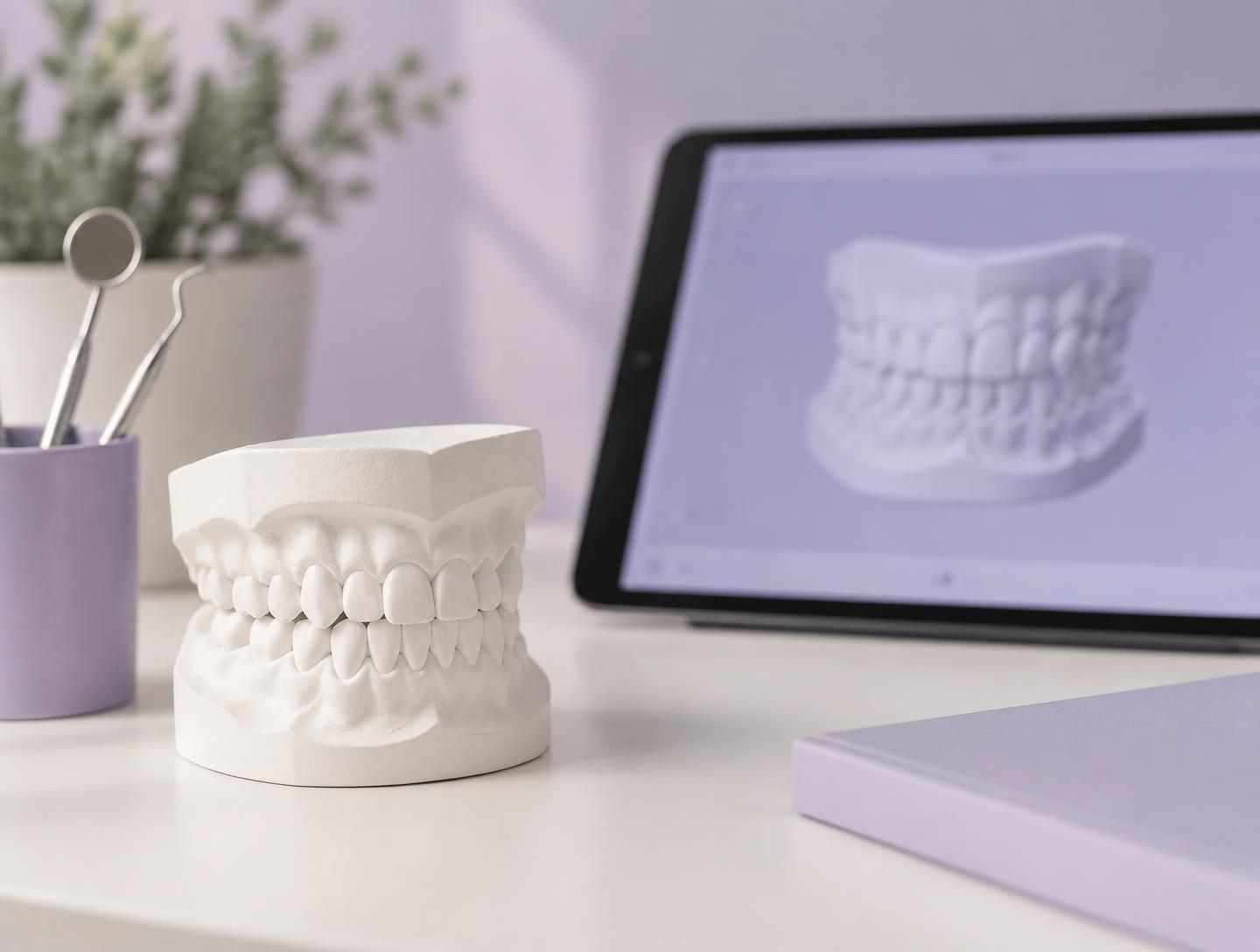A dental model on a desk beside a tablet