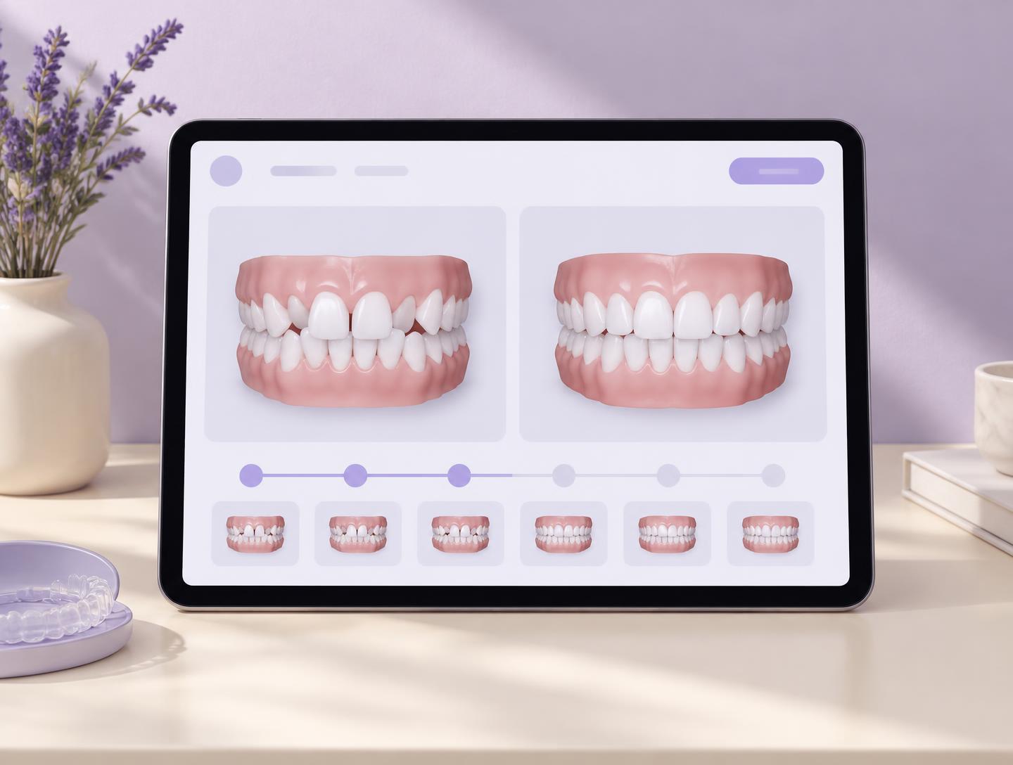 A tablet showing an illustrative smile plan with a stage timeline