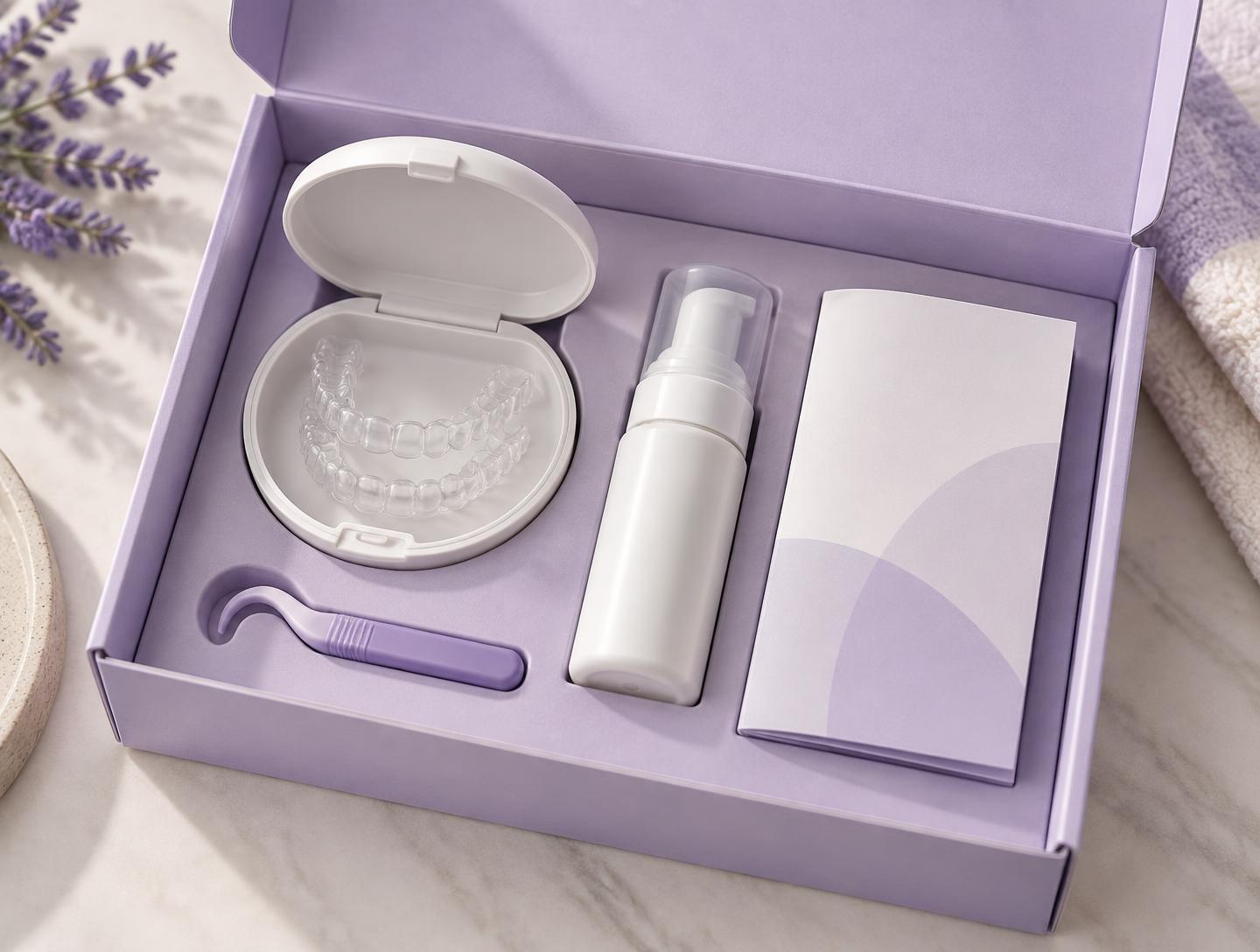 An open welcome kit with aligners in their case, cleaning foam, a hook and a care guide