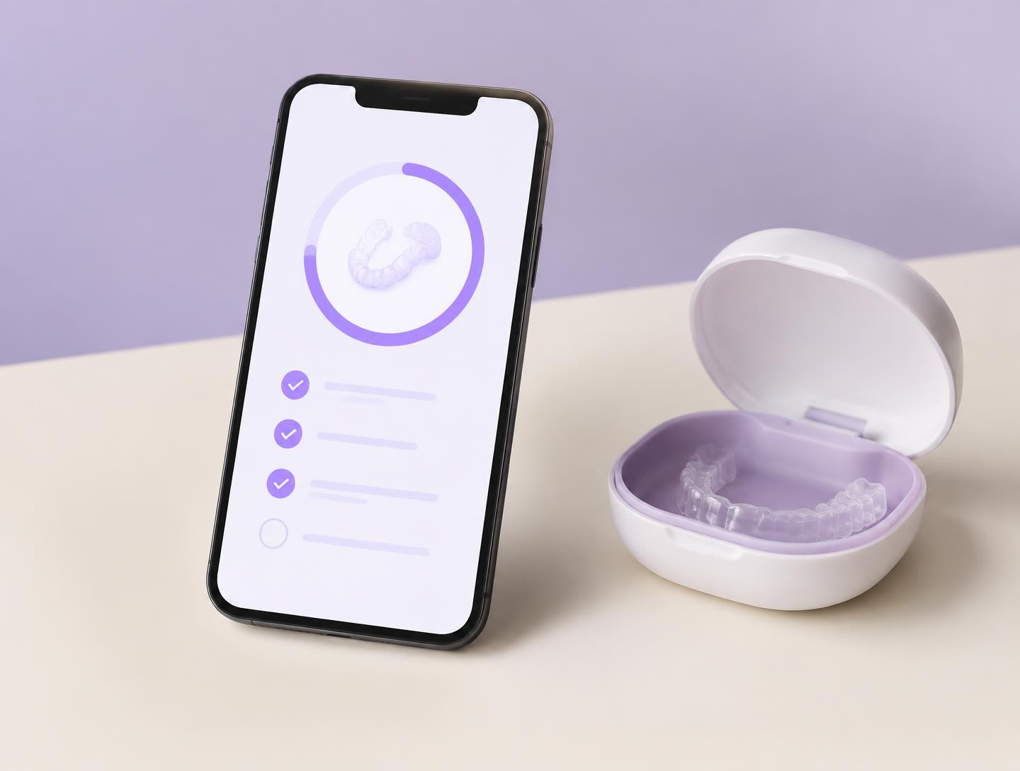 A phone showing a progress screen beside an aligner case
